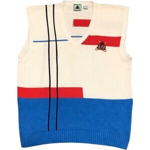 Vintage Izod V Neck Golf Sweater Vest Men's Large Red White & Blue Color Block